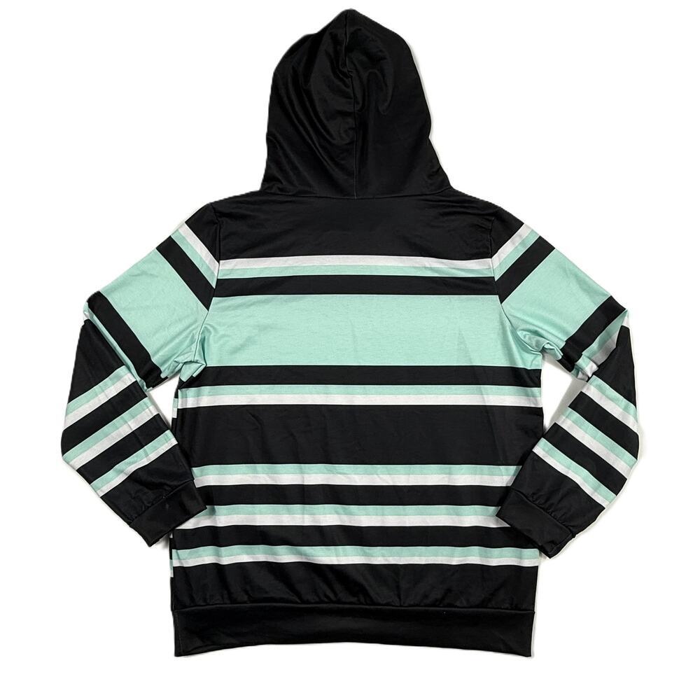 Women's Black White Green Stripes Color Block Hoodie Long Sleeve Shirt  - Picture 5 of 8